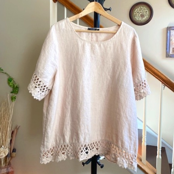 Lungo L’arno Italian Linen Lace Hem Pale Pink Short Sleeve Tunic Blouse Size 1X - Picture 1 of 13